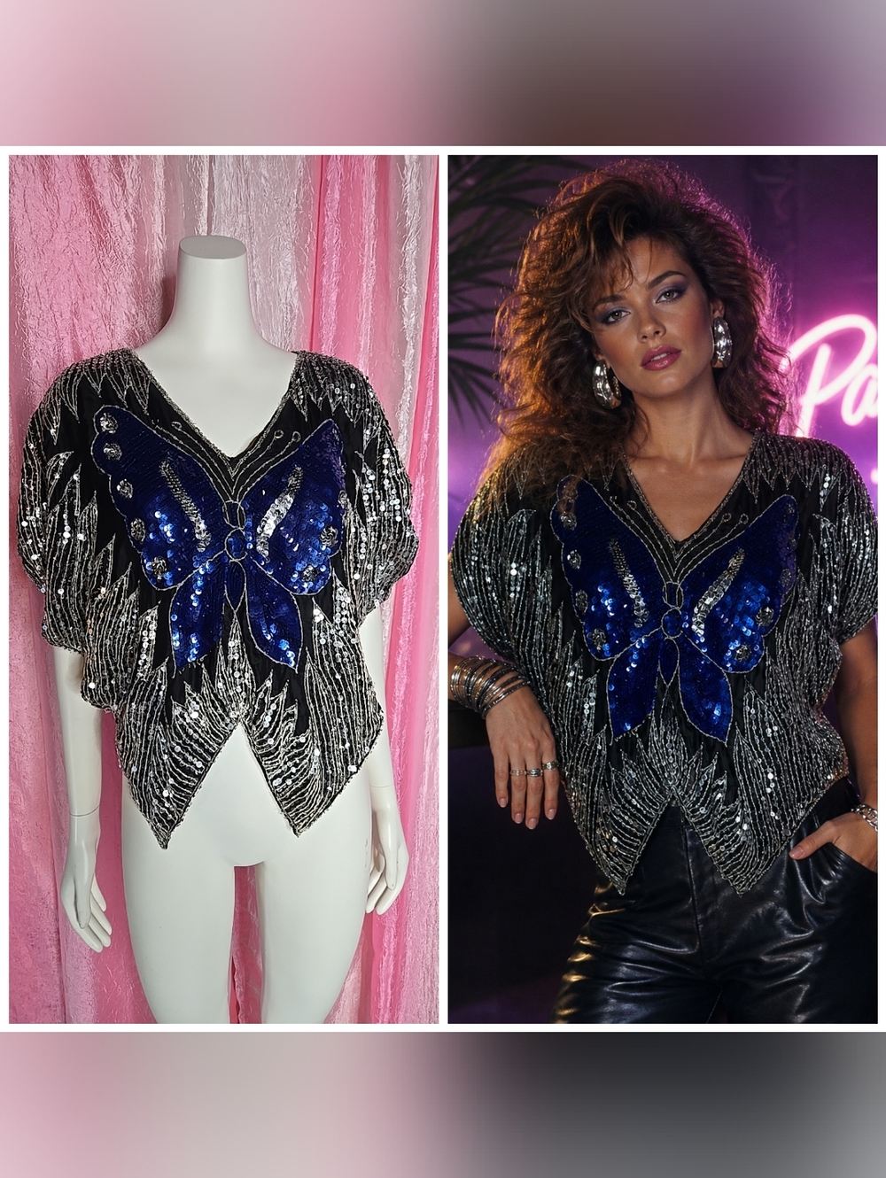 Vintage 80's Black Silk Silver Sequin Butterfly Beaded Festival Top One Size